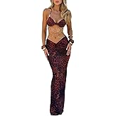 Women's Two Piece Maxi Skirt Sets Summer Beach Sexy Ruched Backless Pearls Chain Decor Crop Top and Cut Out Skirt
