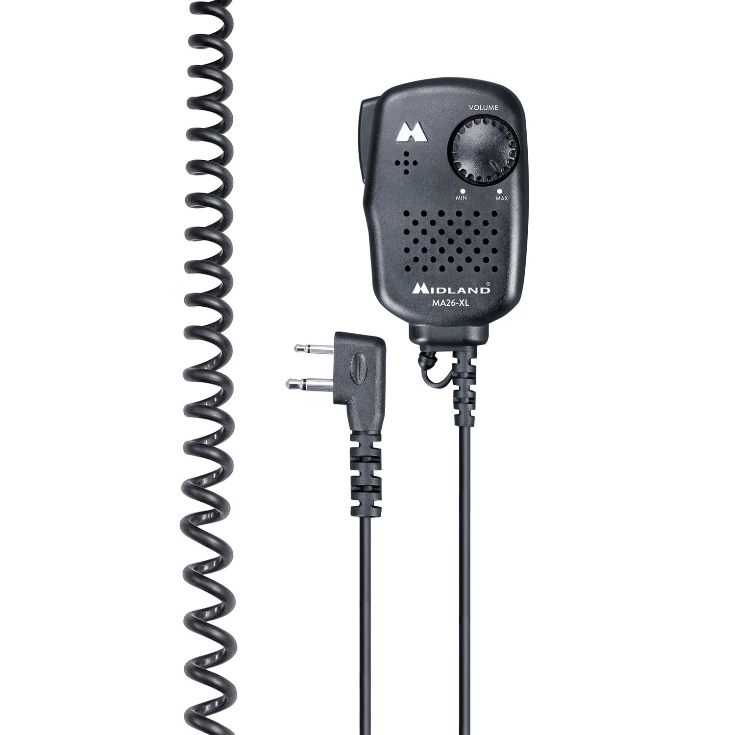 Midland - MA26-XL Microphone Speaker for Walkie Talkies, Integrated Volume Control, 2-Pin L Connector, PTT Only for Precise Transmission, Coiled Cable, Compatible with G7, G9, XT, XT Pro Series Radios