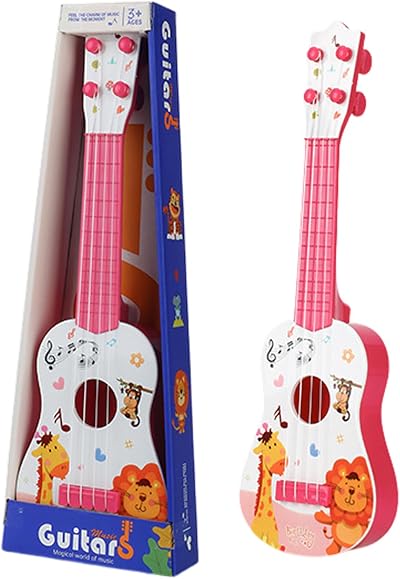 Falafoty Kids Ukulele Toy 41cm 4 Adjustable Strings Pink Cartoon Guitar