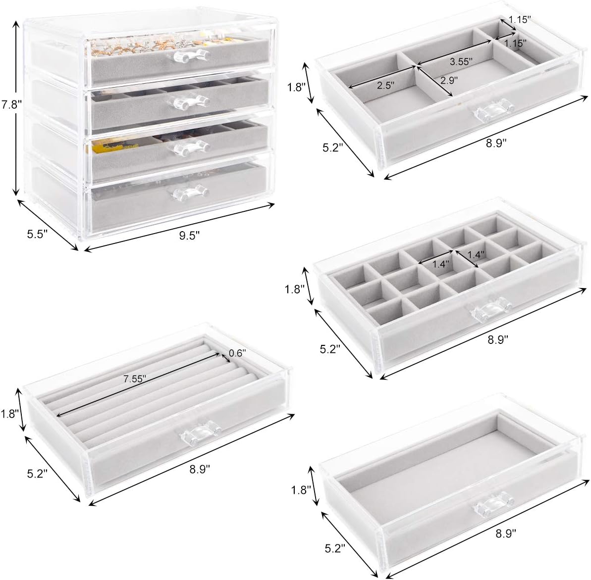 Mebbay Acrylic Jewelry Box with 4 Drawers, Velvet Jewelry Organizer for Earring Necklace Ring & Bracelet, Clear Jewelry Display Storage Case for Woman, Grey: Home & Kitchen