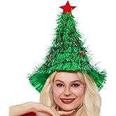 Firuilo Christmas Tree Hat Green Tinsel Xmas Hats Santa Hat With Star Ball Xmas Holiday Party Costume Hair Accessories for Women