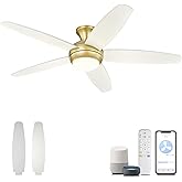 YOUKAIN 52'' Low Profile Ceiling Fan With Light, Gold Flush Mount Ceiling Fan, 6 Speeds DC Reversible Motor, Outdoor Indoor M