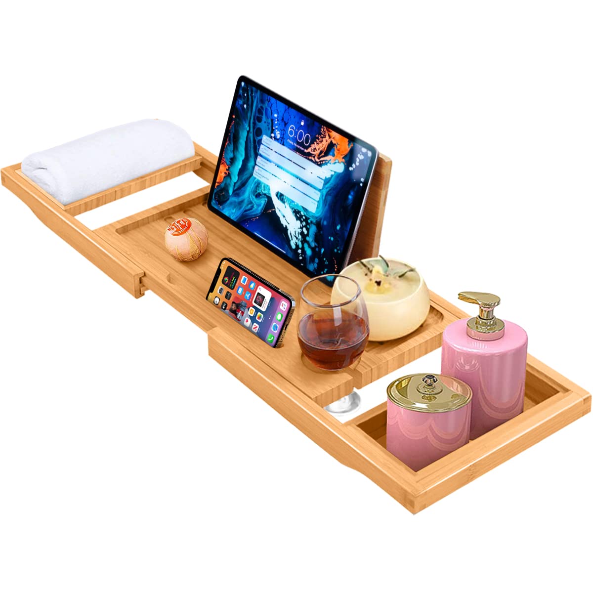 ADOV Bath Tray, Extendable Luxury Bamboo Wooden Bathtub Caddy with Integrated Holder for Book, Phone, Tablet, Candle, Soap, Towel, Wine Glass, Adjustable Over Tub Rack Bridge Fits Most Bath Tub Sizes