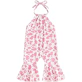 Chloefairy Toddler Baby Girl Bell Bottom Romper Cow Print Overalls Halter Flare Pants Jumpsuit Western Cowgirl Summer Outfit