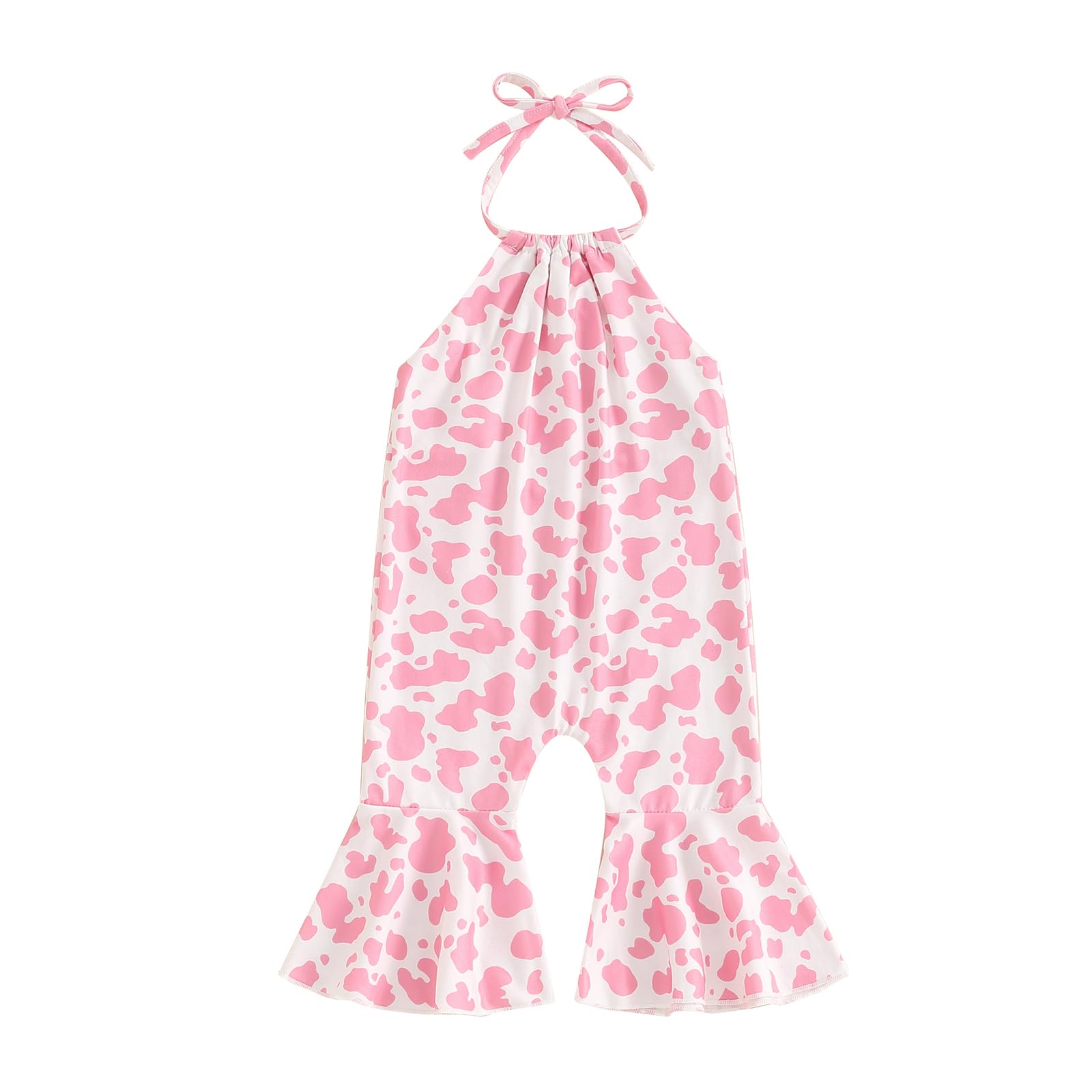 Photo 1 of Chloefairy Toddler Baby Girl Bell Bottom Romper Cow Print Overalls Halter Flare Pants Jumpsuit Western Cowgirl Summer Outfit (Pink, 2-3 Years)