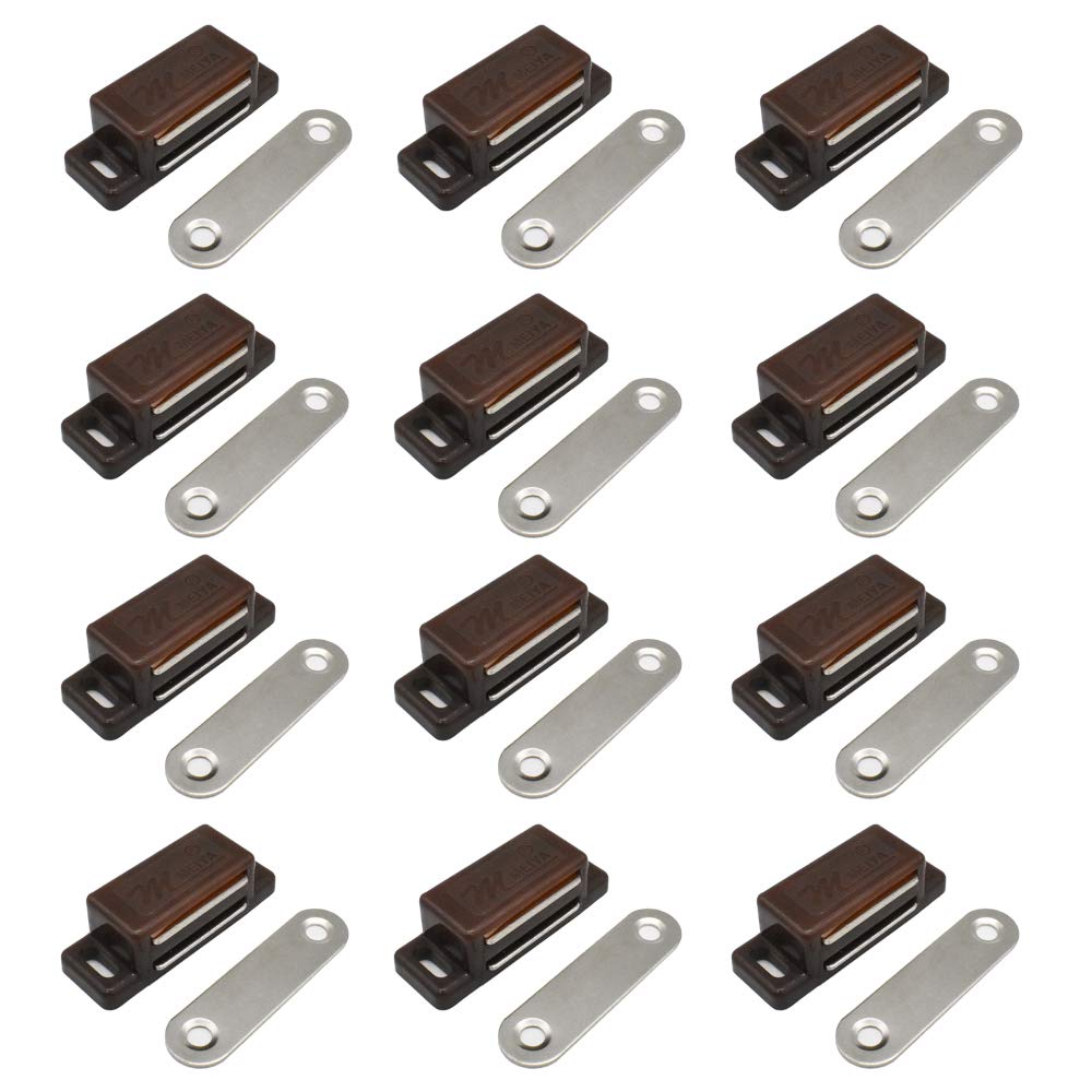 12Pack Cupboard Magnetic Door Catch for Cabinet Heavy Duty Magnet Catches Kitchen Latch Small Home Furniture Plastic Shell Metal Plate with 48pcs Screws (Brown)