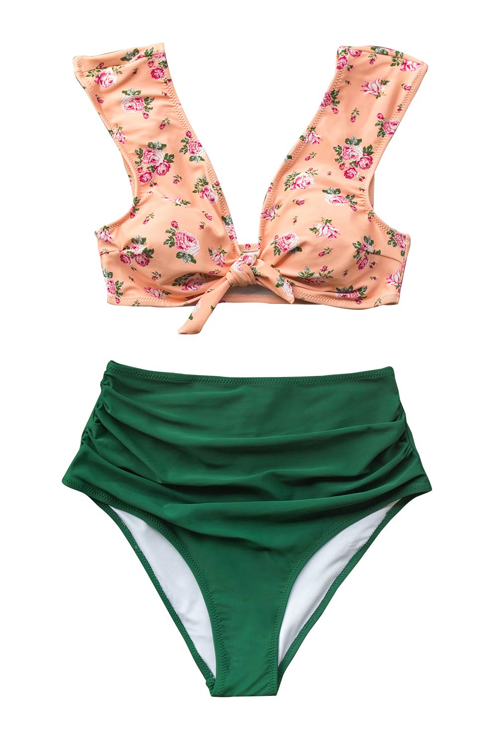 CUPSHE Women's Front Knot High Waisted Shirring Pink Green Bikini Set