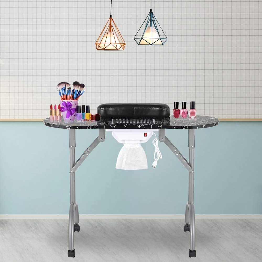 LEIBOU Professional Folding Portable Vented Beauty Manicure Table Nail Desk Salon Spa With Fan &Bag (35''x 16''x 28'') (black)(just legs)