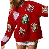 UAURORAO Women Glitter Christmas Sweatshirts Oversized Sequin Funny Shirts Long Sleeve Sparkly Xmas Present Pullover Top