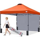 MASTERCANOPY 10x10 Durable Pop Up Canopy Tent with 1 Sidewall, Orange | One Person Setup, Outdoor Portable Canopy Instant Shelter, Silver Coated Top, Sun Shade, Roller Bag, Beach/Camping/Market