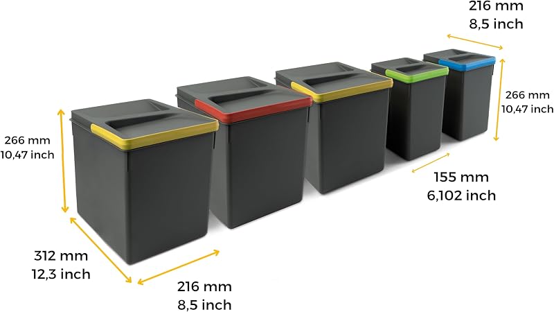 - Contenedores para cajón de cocina Recycle, Basura con tapa anti olores, H 266 mm (3 x 15 L + 2 x7 L), Plástico gris antracita