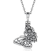 APOTIE Silver Butterfly Sunflower Urn Necklace - S925 Butterfly Ashes Keepsake Cremation Jewelry Memorial Gifts for Women Loss Loved One