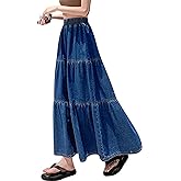 chouyatou Women's Spring High Elastic Waist Tiered Denim Skirt Summer A-Line Maxi Long Jean Skirt
