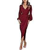 Amoretu Womens Long Sleeve Silk Dresses 2023 V Neck Cocktail Dresses (Burgundy, L)