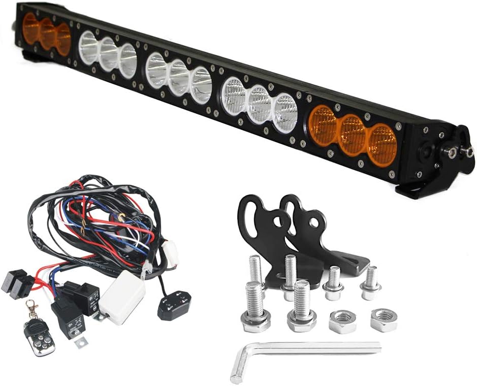 AngelMa 27 Inch Dual Color Lens CREE LED Light Bar Amber/White/stroboflash led Lights Spot Flood Combo For JEEP Trucks Off road Tractor 4X4 Boat 12V 24V Car Driving Lamp With Remote Wire Harness