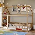 PVWIIK Twin Size Montessori Floor Bed with Roof & Fence for Boys Girls Bedroom,Twin Size Platform Solid Wood Bed Frame w/Safety Guardrails,Easy Assemble,No Box Spring Needed, Natural