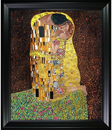 La Pastiche KLG1839-FR-994820X24 The Kiss Fullview Metallic Embellished Artwork By Gustav Klimt with Black Satin Frame