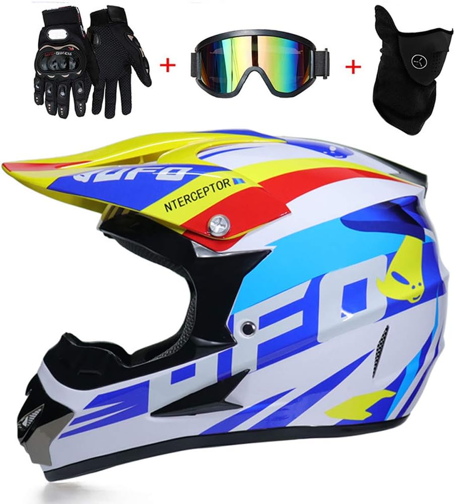 PKFG® AO-335 Full Face Motocross Helmet, Safety Cap Flip Up Helmets Motorbike Helmet for Boy Girls Off-Road Enduro Motorcycle Helmet with Gloves Mask Glasses,XL58~59CM