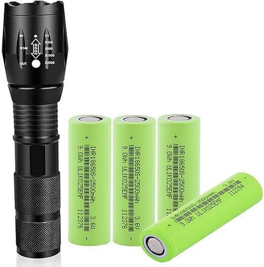 LED 18650 Flashlight with 4pcs 2500mAh Rechargeable Battery, Zoomable Water Resistant 5 Modes
