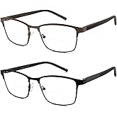 FEIVSN 2 Pack Mens Bifocal Reading Glasses Bi Focal Matel Rectangle Readers Spring Hinge Far/Near Dual-use Eyeglasses