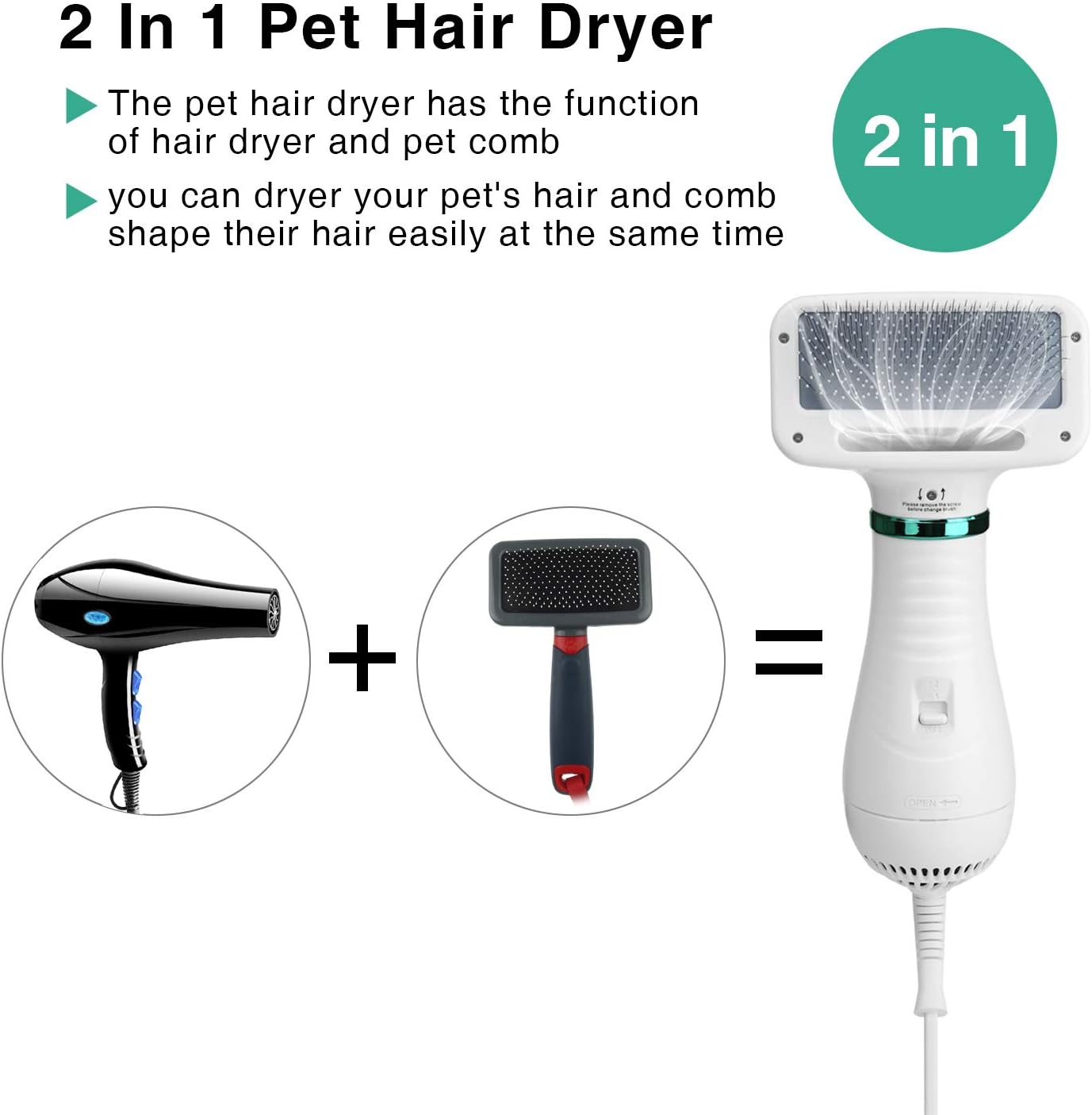Ownpets 2 in 1 Pet Hair Dryer Brush, Portable & Quiet dog Hair Grooming dryer with Slicker Brush, Adjustable Temperature - Image 3