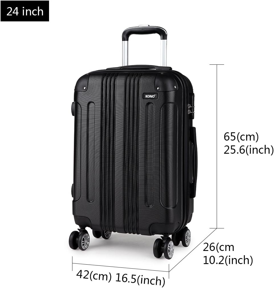 Kono Hard Shell Luggage Lightweight ABS 4 Wheels Spinner Business Trip Trolley Case Suitcase (24-inch), Black - Image 3