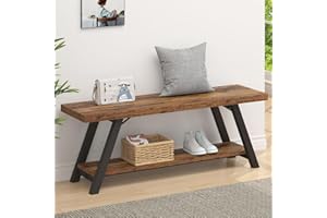 LVB Wood Bench, Industrial Storage Entryway Indoor Bench for Bedroom Hallway Living Room, Rustic Famhouse Wooden Metal Shoe Rack Accent Foyer Bench Seat for Entrance Sitting, Rustic Brown, 47 in Long