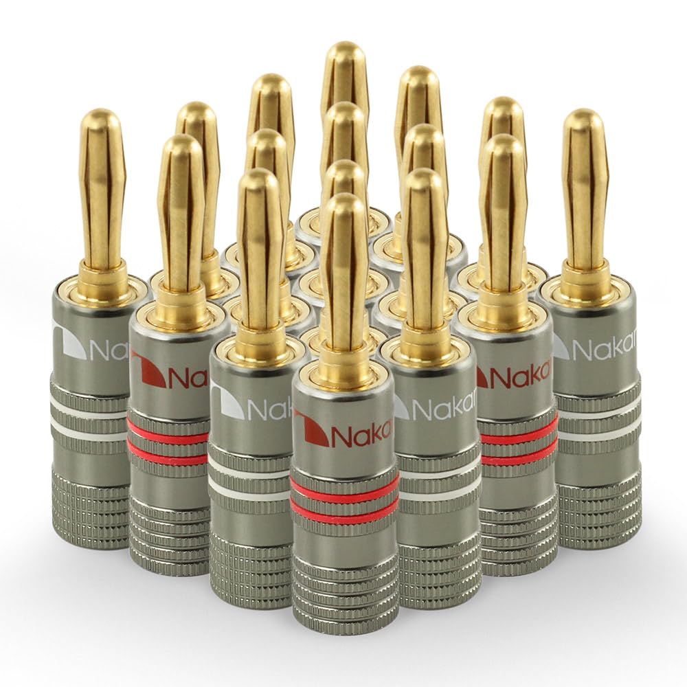 Nakamichi Ultimate Series 24k Gold Plated Beryllium Red Copper Banana Plug 12 AWG - 18 AWG Gauge Size 4mm for Speakers Amplifier Hi-Fi Stereo Receiver Audio Wire Cable Connector 16 Pcs (8-Pairs)