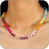 Gemstone Beaded Necklace for Women Colorful Natural Stone Freshwater Pearl Surfer Beach Rainbow Necklace Jewelry Gift