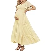 Swiss Dot Smocked Maternity Dress for Baby Shower Photoshoot Casual V Neck Ruffle Sleeve Empire Waist Tiered Boho Dress