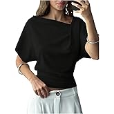 BEAUDRM Women's Off Shoulder Crop Tops Y2k Ruched Cinched Waist T Shirts Dolman Sleeve Going Out Summer Top
