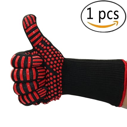 Jisen Heat Resistant Gloves with Red Non-Slip Silicone Grip BBQ Grilling Cooking Gloves 932 Kitchen Oven Mitts Gloves with Fingers