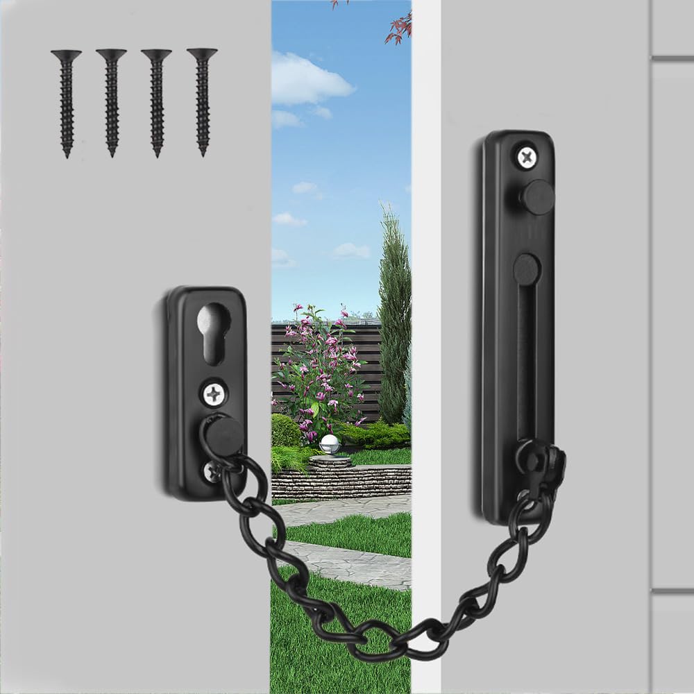 Door Chain Lock Stainless Steel Internal Door Chain Anti Theft Latch Chain Door Lock with Spring and Screws for Hotel Home Living Motel Apartment Bedroom (Black)