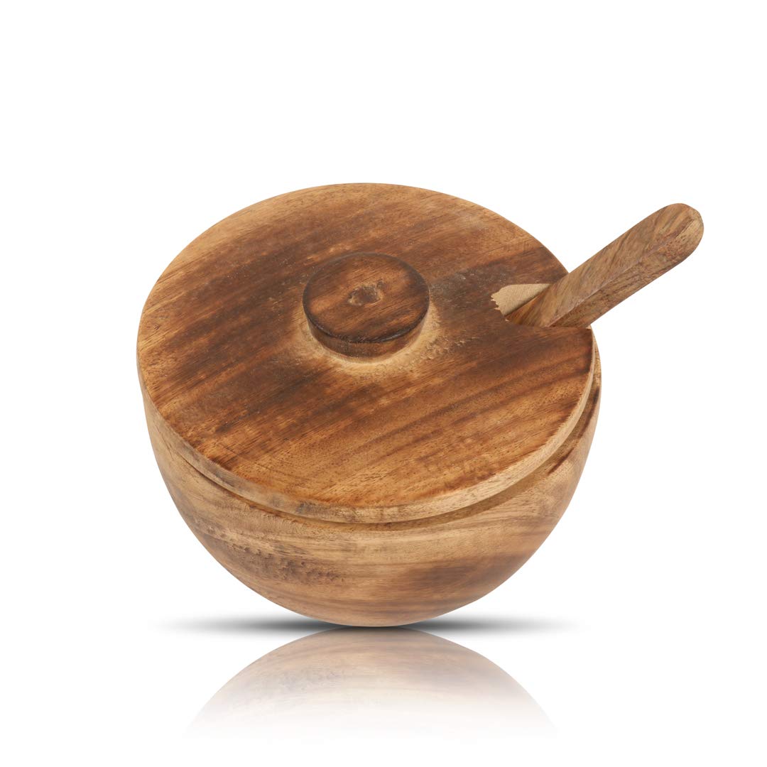 Decorative Rustic Wooden Sugar Bowl & Spoon With Lid Wide Mouth Candy Treat Jar Spice Jar Holder Condiment Nuts Serving Bowl Pot Salt Spice Herb Loose Leaf Tea Storage Container Novelty Home & Kitchen