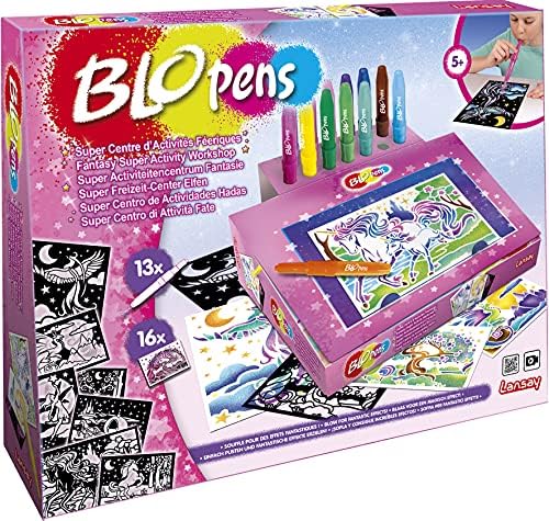 Blopens LANSAY Super Activity Center Fantasie - Airbrush Malset für Kinder ab 5 Jahren - Box Wird zum Malpult inkl. 13 Pustestiften & 16 Märchen-Schablonen - Magisches Bastelset Geschenkidee