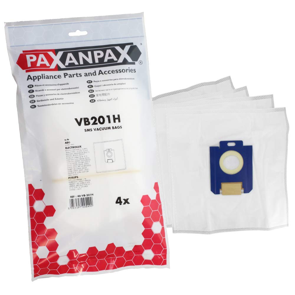 Paxanpax VB201H, Compatible SMS Bags Electrolux, AEG, Philips, Tornado, Volta 'E201' S-Bag Type Pack of 4