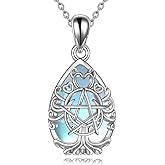YFN Triple Moon Goddess Necklace Sterling Silver Pentagram Pentacle Opal Pendant necklace Pagan Wiccan Magic Amulet Tree of Life Jewelry for Women Men 18"