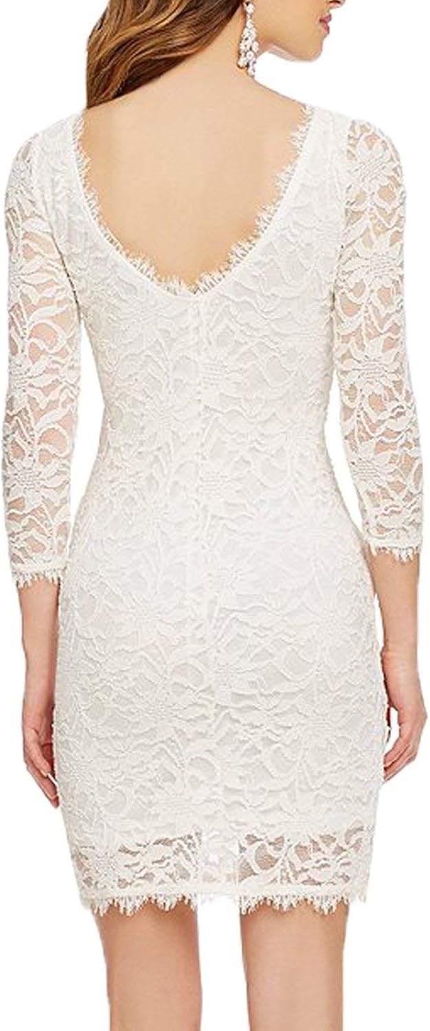 WOOSEA Elegant 3/4 Sleeve Full Flroal Lace Short Cocktail Dress: Clothing