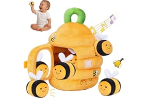 Baby Toys 6-18 Months- Baby Soft Beehive Toy with 5 Sensory Bees Soft Plush Montessori Toy with Rattles, Crinkle & Mirror Gif