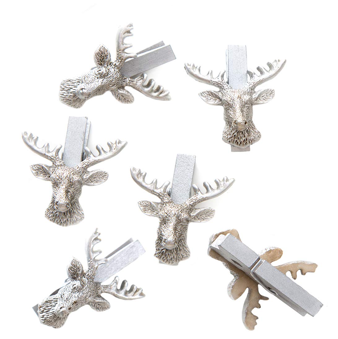 Pack of 6 Small Silver-Coloured Decorative Wooden Laundry pegs Deer Head Garage – Decorative pegs Wooden pegs Mini pegs Christmas pegs Mini Clothes pegs for Christmas.