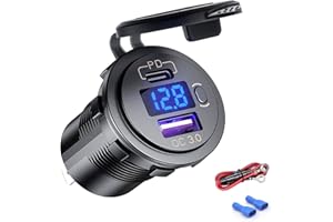12V USB Outlet, 38W USB C Car Charger Socket, USB Quick Charge 3.0 Port & PD USB C car Charger Waterproof with Voltmeter and 