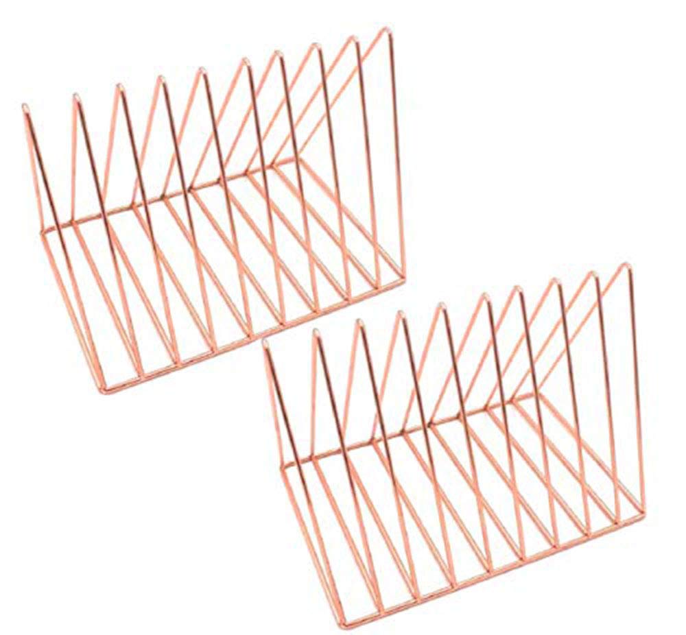 Beihaoer 2 pcs Magazine Newspaper Holders, Desktop Iron Storage Rack Bookshelf Multifunction Triangle File Organizer Decor Home Office Bookcases (Rose Gold)