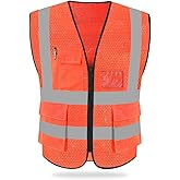HYCOPROT High Visibility Mesh Safety Reflective Vest with Pockets and Zipper, Meets ANSI/ISEA Standards