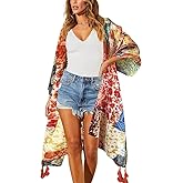 Moss Rose Women's Beach Cover up Swimsuit Kimono with Bohemian Floral Print, Loose Casual Resort Wear
