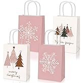 JarThenaAMCS 16Pcs Christmas Paper Gift Bags 4 Styles Xmas Tree Winter Snowflake Candy Goodie Treat Bags with Handles Dusty Pink Gold Boho Grocery Bag for Party Favor Supplies