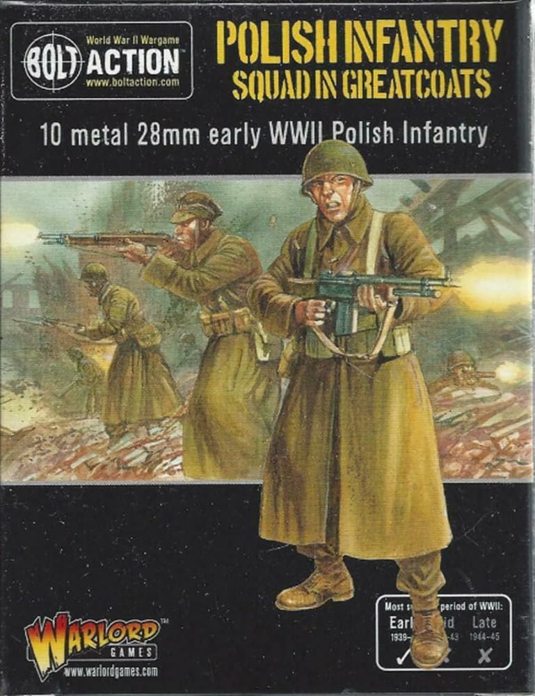 Bolt Action Polish Infantry Squad In Greatcoats - 28mm Scale Metal Miniatures by Warlord Games - Highly Detailed World War 2 Miniatures for Table-top Wargaming