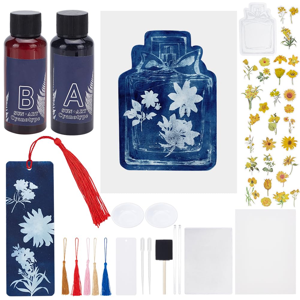 WEBEEDY Cyanotype Paper Vases Sun Art Paper Kit Flowers High Sensitive Cyanotype Papers A5 Complete kit with Tassel Bookmark Solar Activated Art Drawing Paper for Adults DIY Crafts Project,30 Sheets