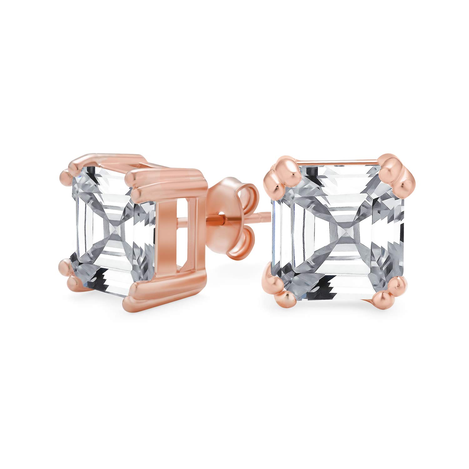 Cubic Zirconia Solitaire Square AAA CZ Asscher Cut Stud Earrings For Women Rose Gold Plated .925 Sterling Silver — image 1