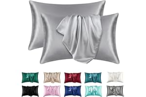 LXMGED Satin Silk Pillowcases for Skin and Hair,Set of 2 Satin Pillow Cases for Women with Envelope Closure,Soft Breathable Smooth Cooling Silk Pillow Covers for Gifts，Silver Grey，Queen (20" x 30")