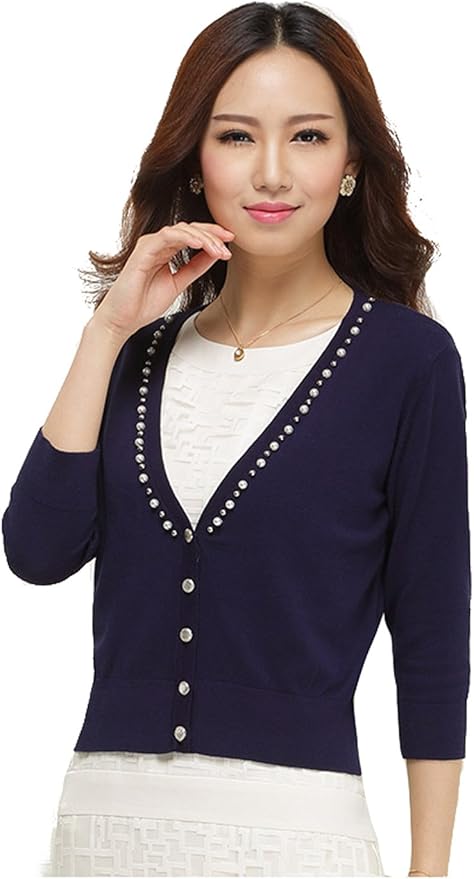 Amazon レディース ファッション 無地 カーディガン アウター トップス 着こなし ニット セーター スウェット Vネック 七分袖 スリム効果 ビーズ付き 薄手 カジュアル 通勤 カシミヤ 裏起毛 Live Shop カーディガン ボレロ 通販